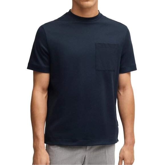 Hugo Boss Men's Short Sleeve BOSS Taut Tech Pocket Crew Tee Shirt Dark Blue - Picture 1 of 5